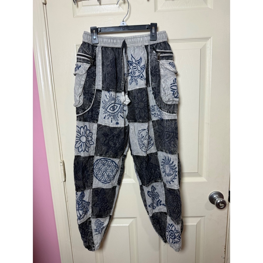 Nepal Cotton Patchwork Joggers Grey Black Celestial Cargo Pants Small